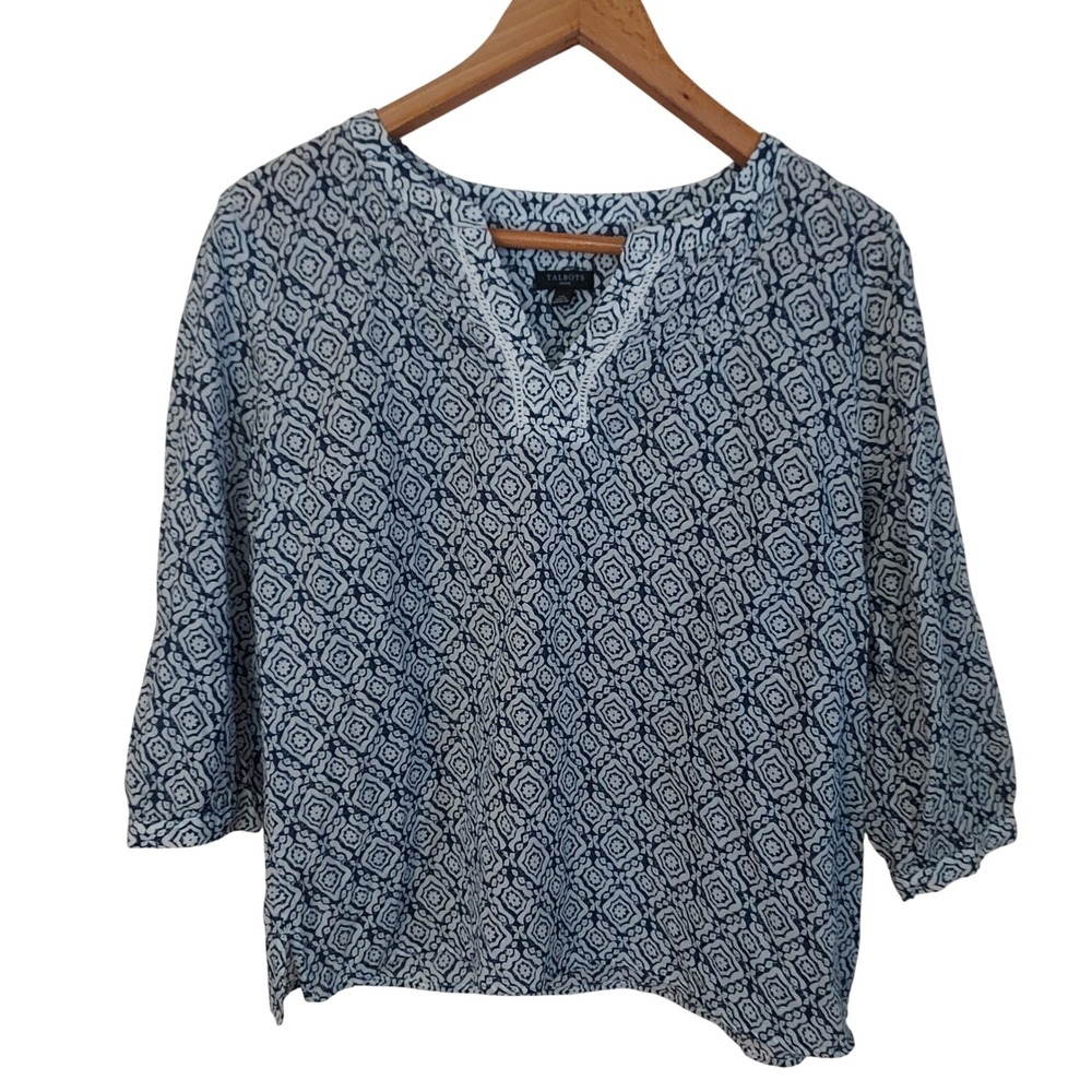 Talbots Petite MP Blue White Geometric Tile Print Cotton 3/4 Sleeve Blouse Top